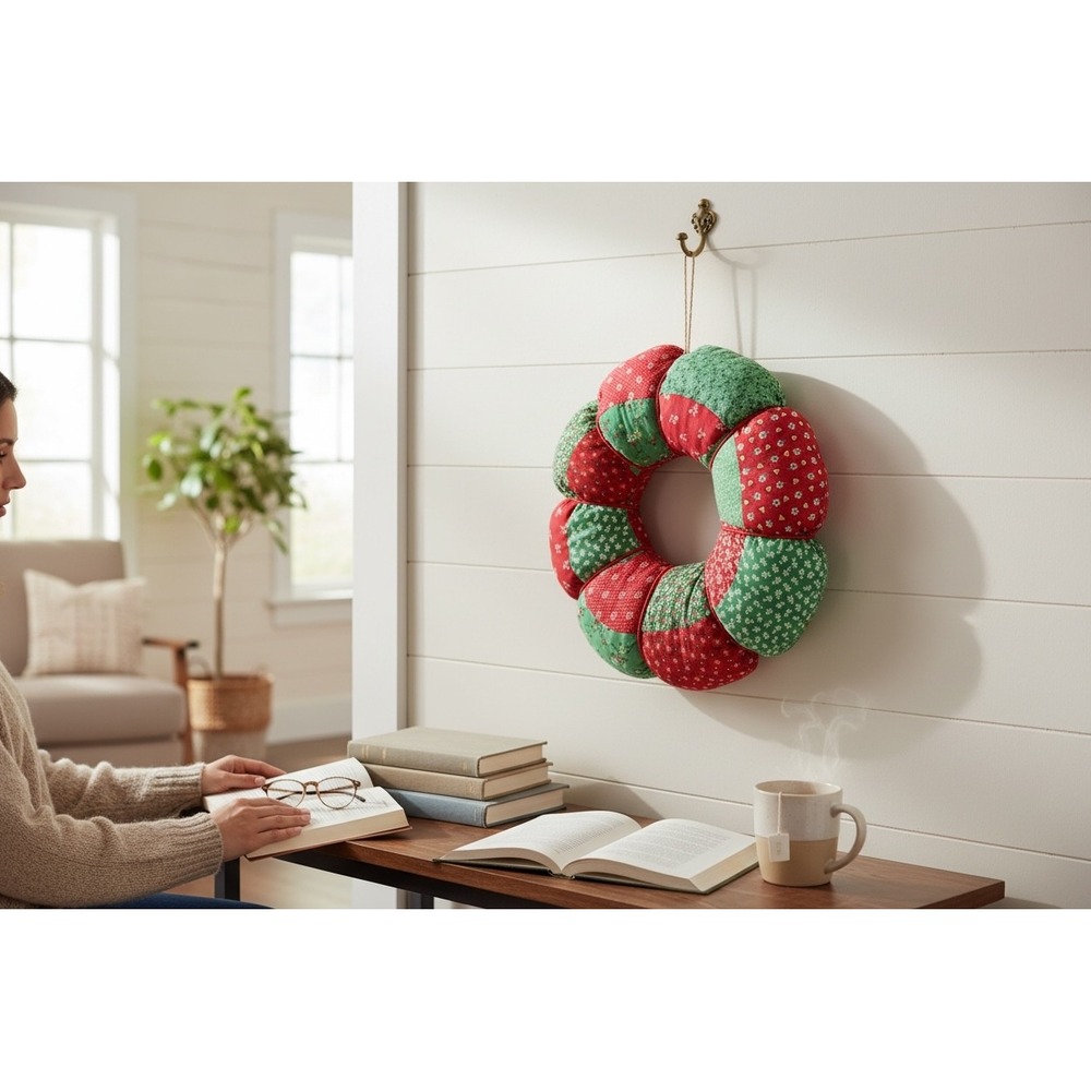 Vintage Quilted Patchwork Puff Wreath Red Green Floral Calico Christmas 15"